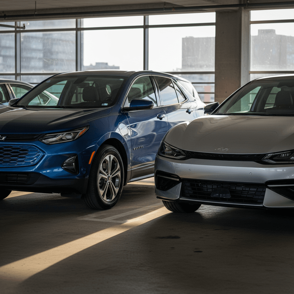 Side-by-side view of a Chevrolet Equinox EV and Kia EV6 parked in a lot, highlighting their different profiles