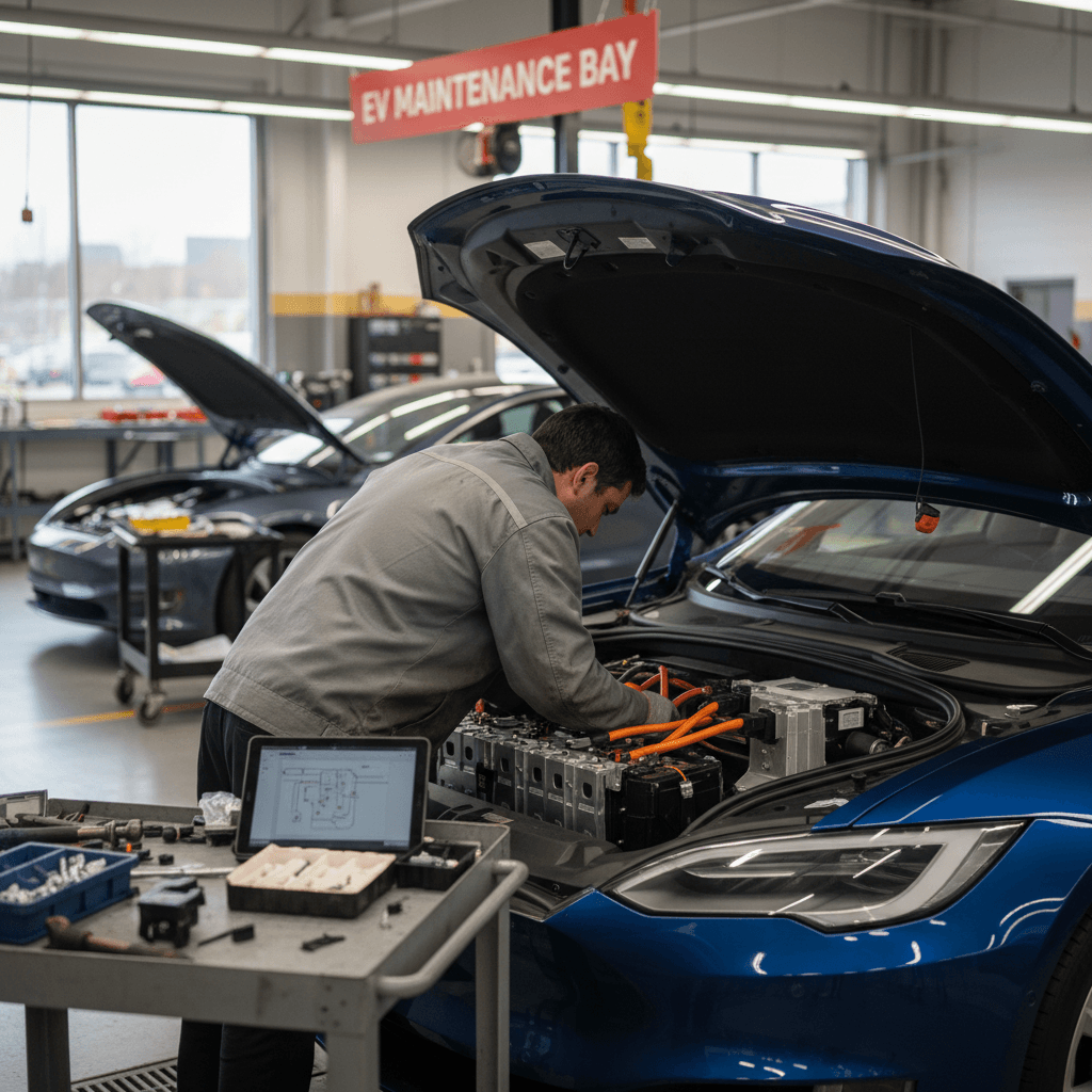 Technicians working on Tesla vehicles inside a modern service center bay