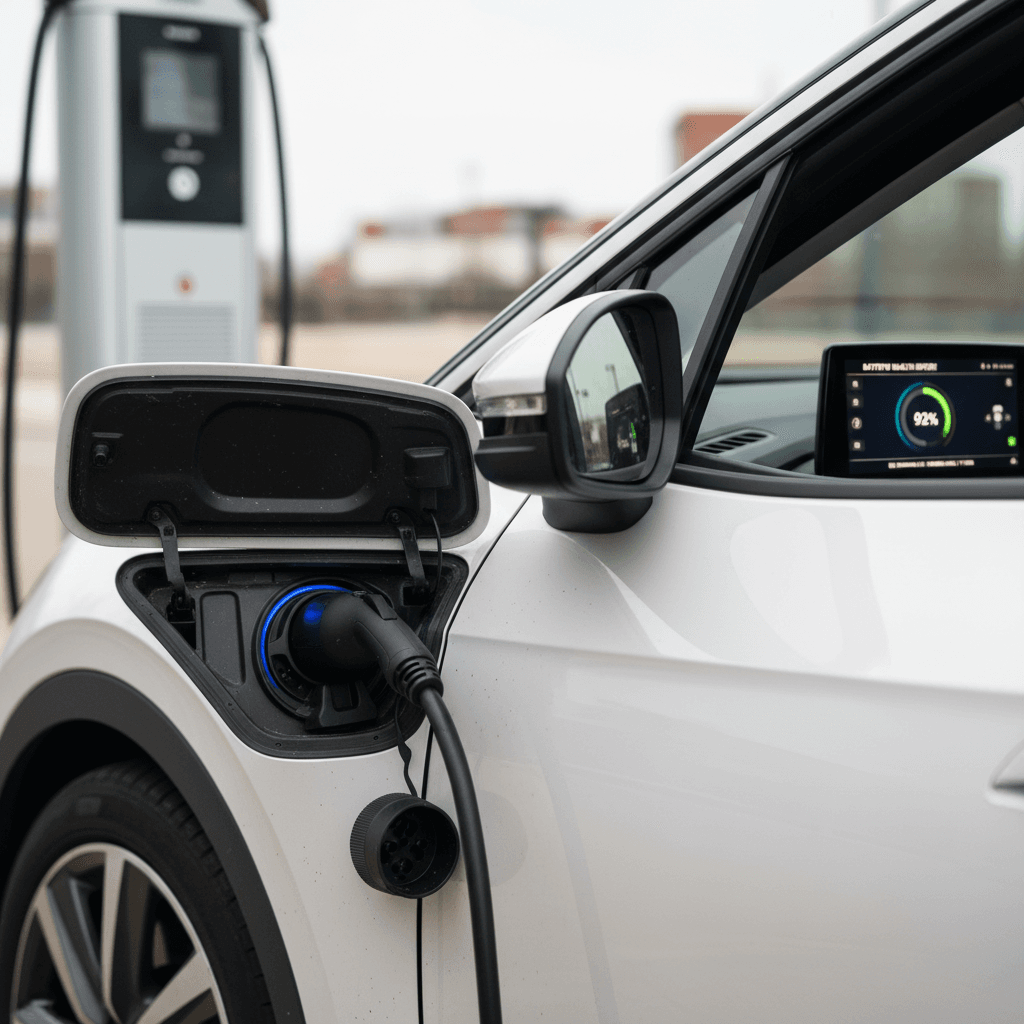 Volkswagen ID.4 plugged in, with tablet displaying a detailed EV battery health report next to the car
