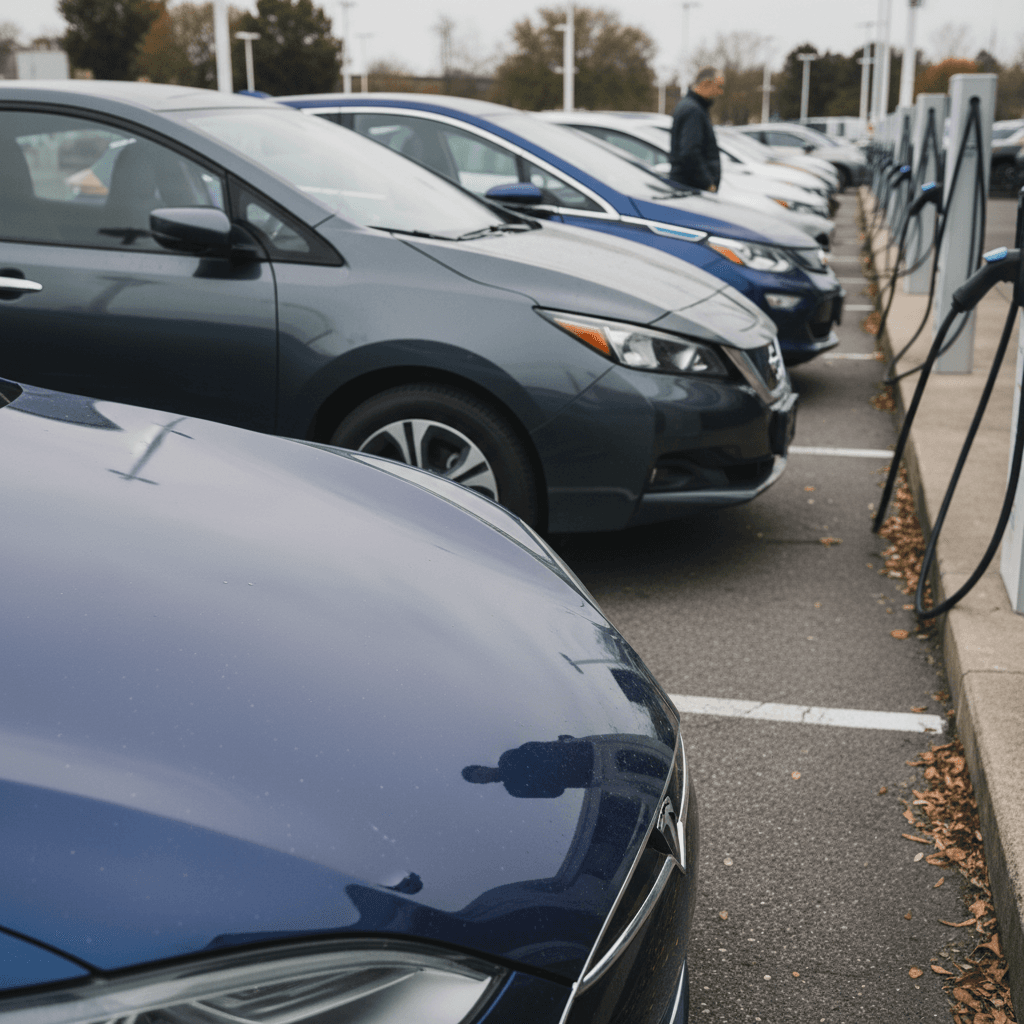Row of used electric cars lined up on a dealership lot