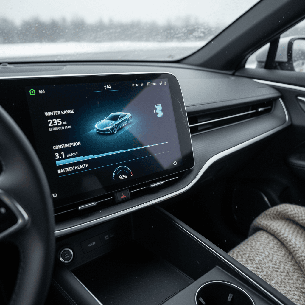 Lucid Air energy consumption screen showing winter efficiency and projected range