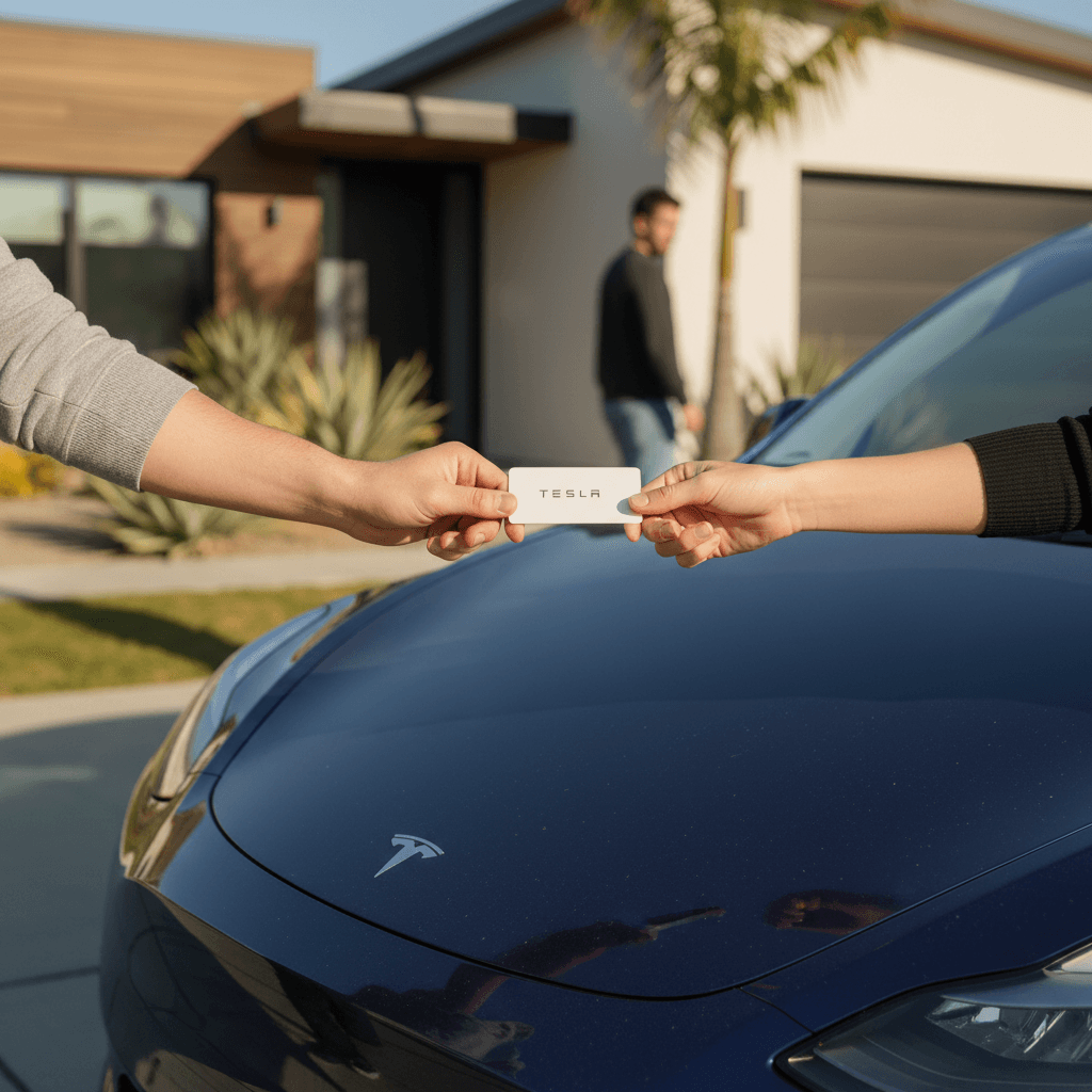 California seller meeting a buyer in front of a Tesla Model Y parked on a residential street