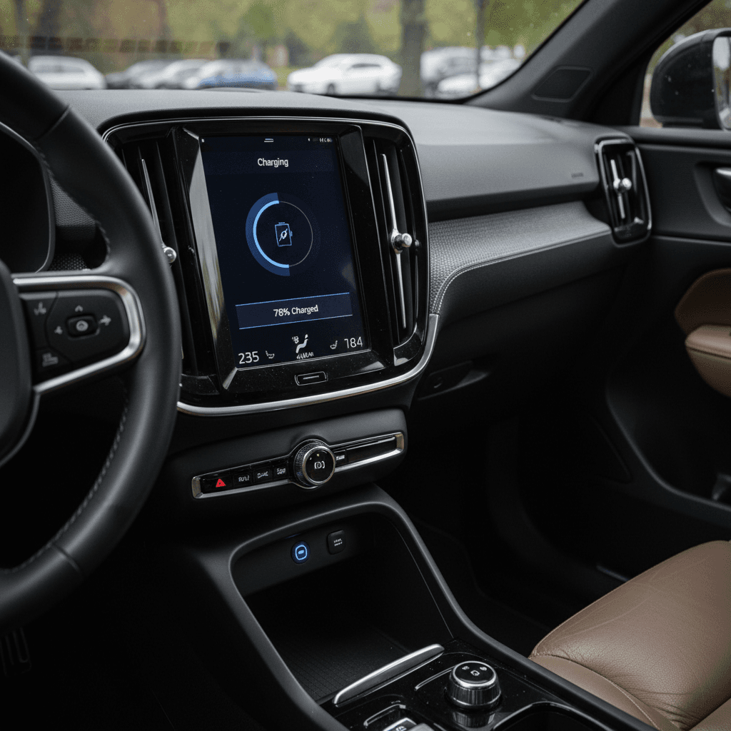 Volvo EX40 interior digital cluster showing remaining range and battery state of charge