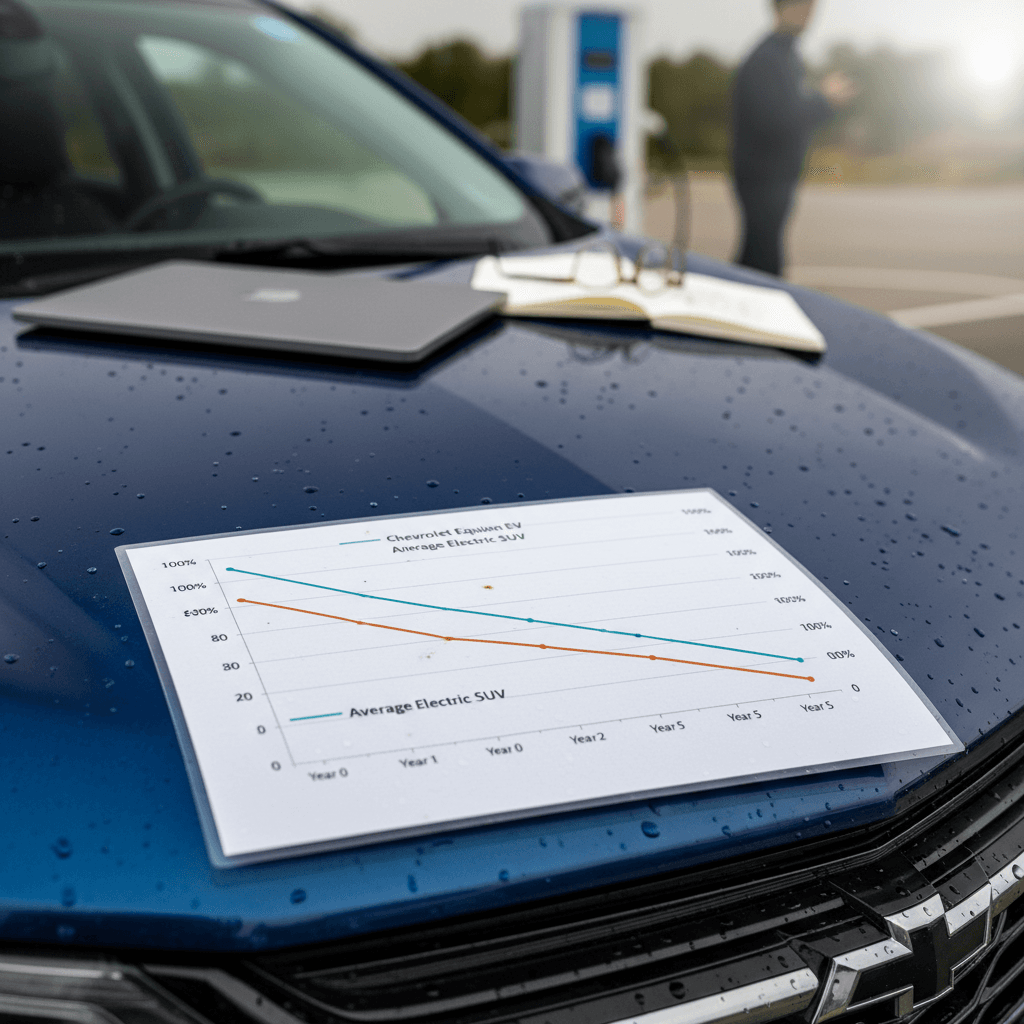 Line chart showing the Chevrolet Equinox EV depreciation curve compared to the average electric SUV over five years