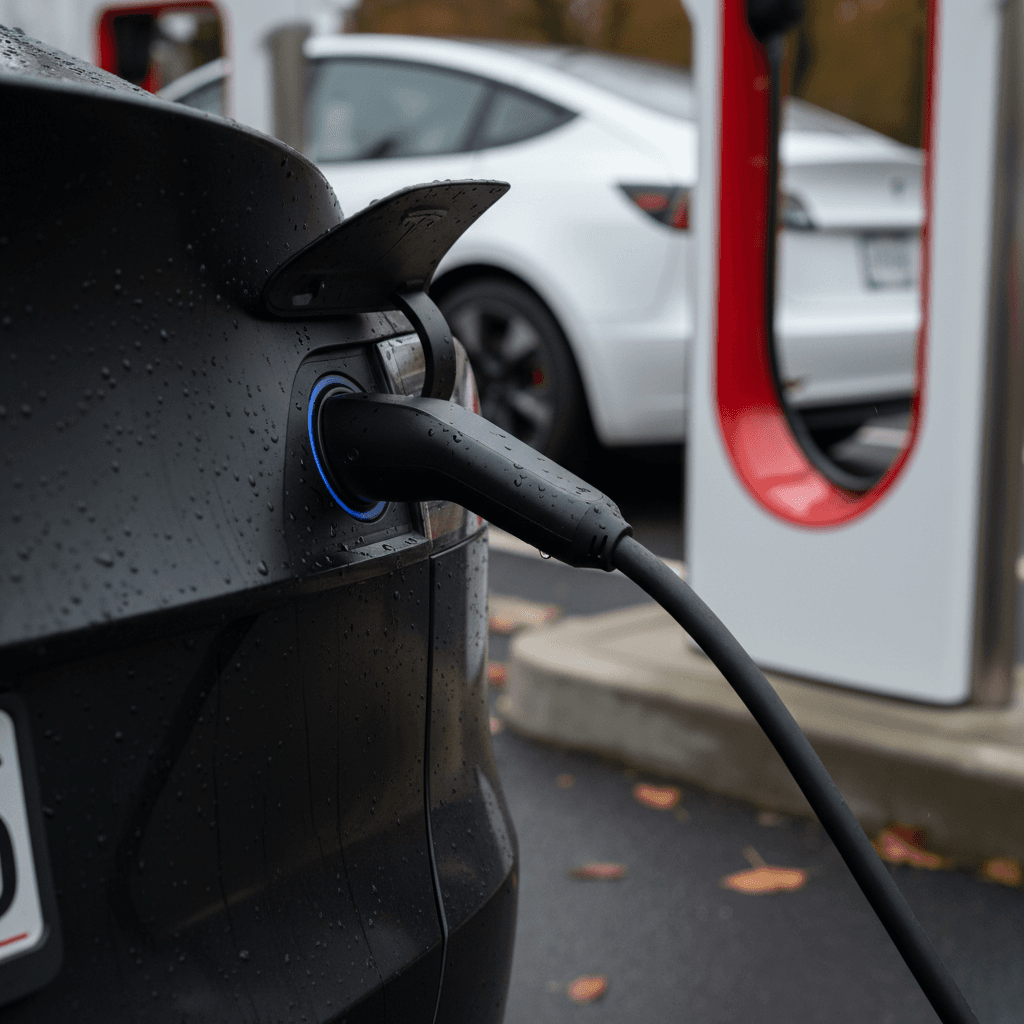Tesla electric car charging at a station at night with no engine in sight