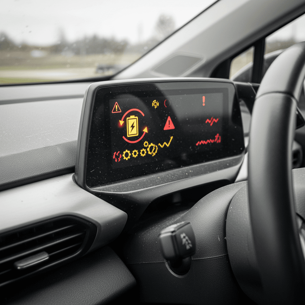 Volkswagen ID.4 dashboard warning lights and driver display showing electrical system error message