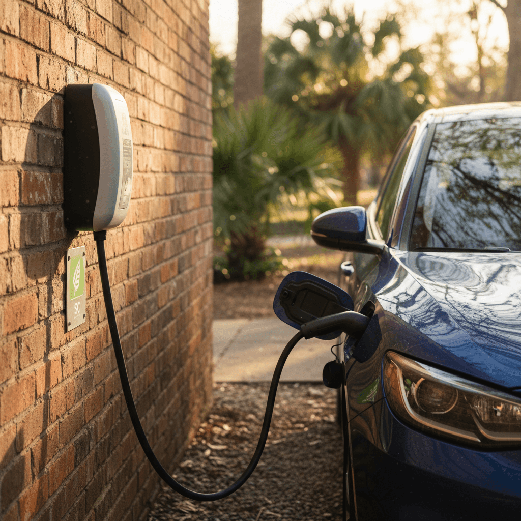 Level 2 EV charger mounted on a brick wall in a South Carolina driveway with a sedan plugged in