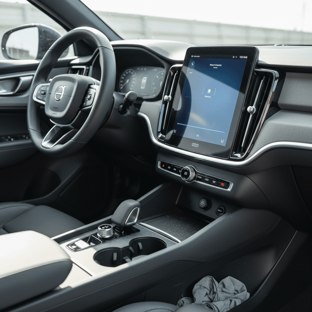 Clean Polestar 2 interior with center screen powered on after thorough detailing