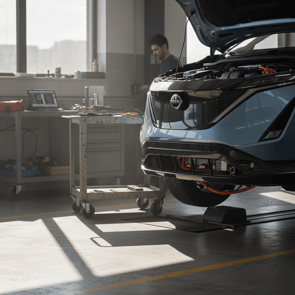 Technician inspecting the underside of an electric crossover on a lift