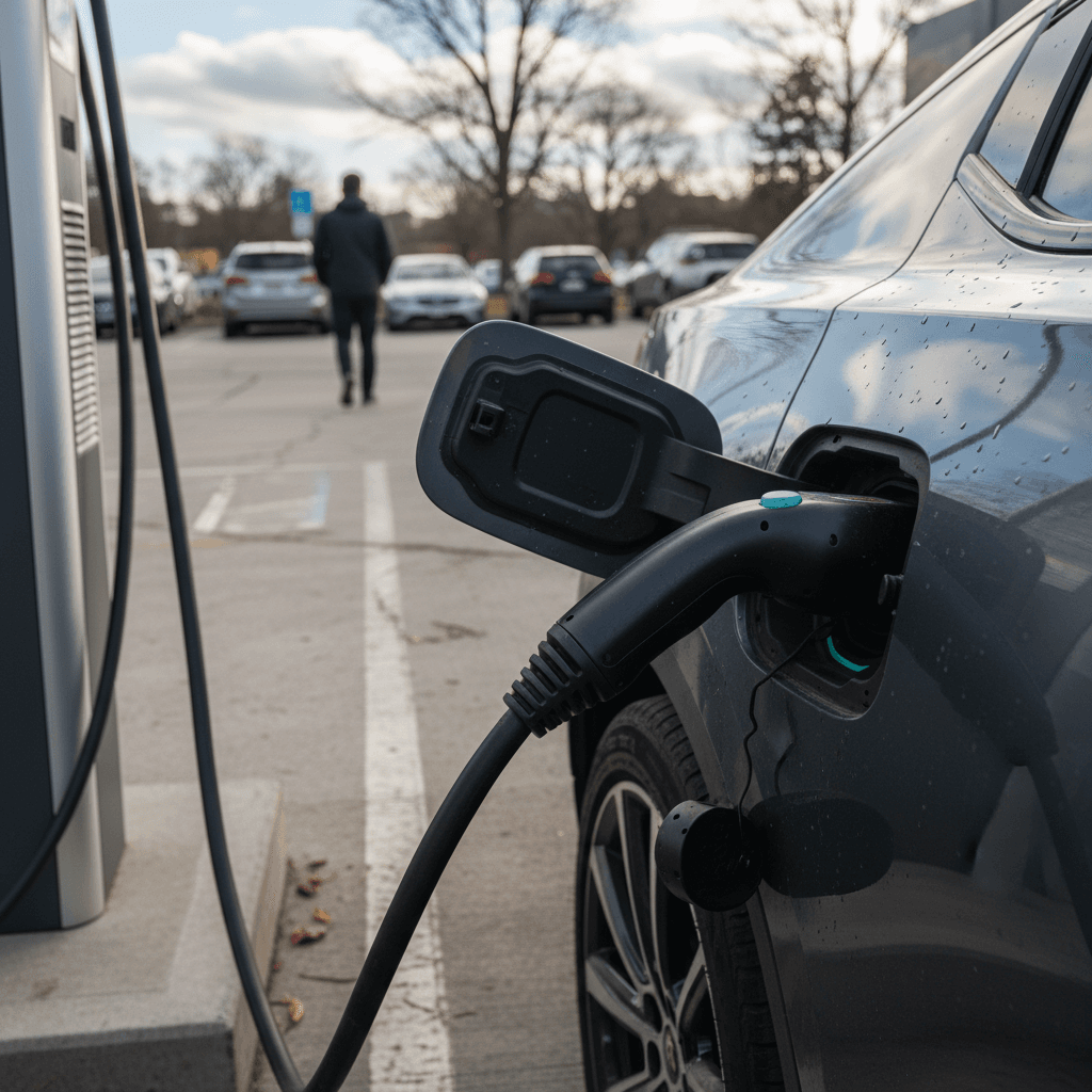 2021 Polestar 2 plugged into a DC fast charger with charging cable connected to the front fender port
