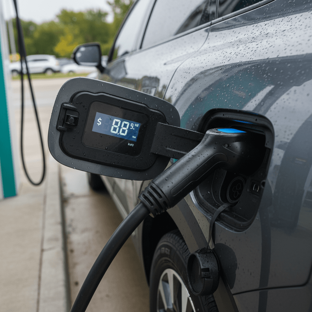 Kia EV9 charging at a DC fast charger with the screen showing cost per kWh and charging speed