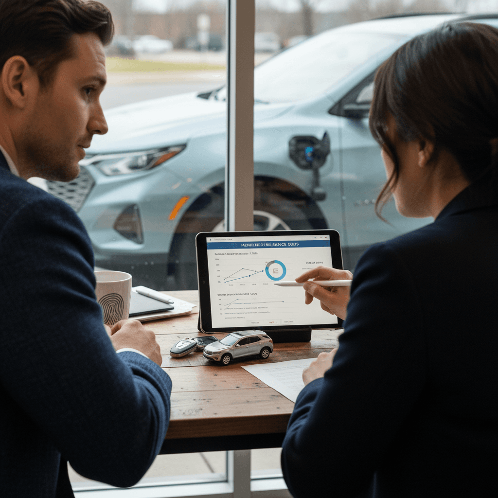 Driver reviewing Chevrolet Equinox EV insurance policy options with an agent at a desk