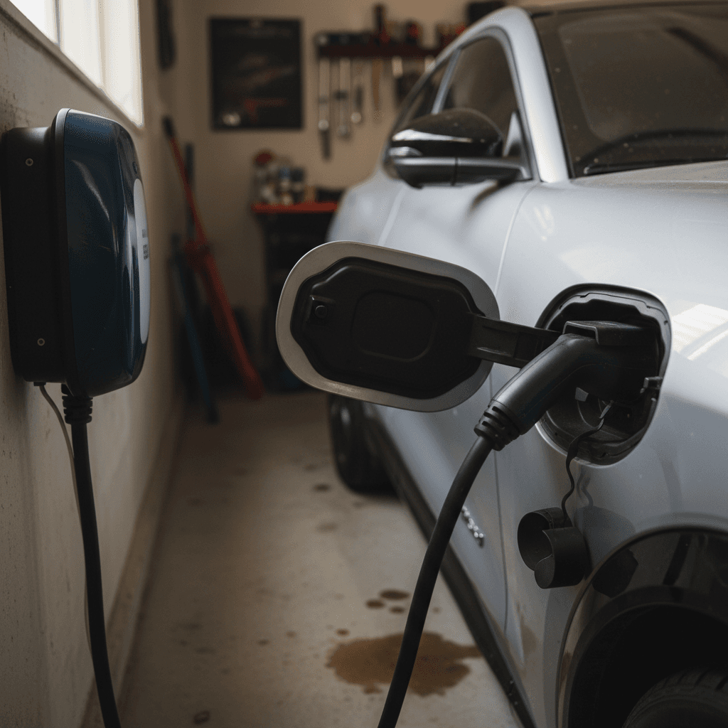 Wall-mounted Level 2 home charger plugged into a blue Ford Mustang Mach-E in a clean residential garage