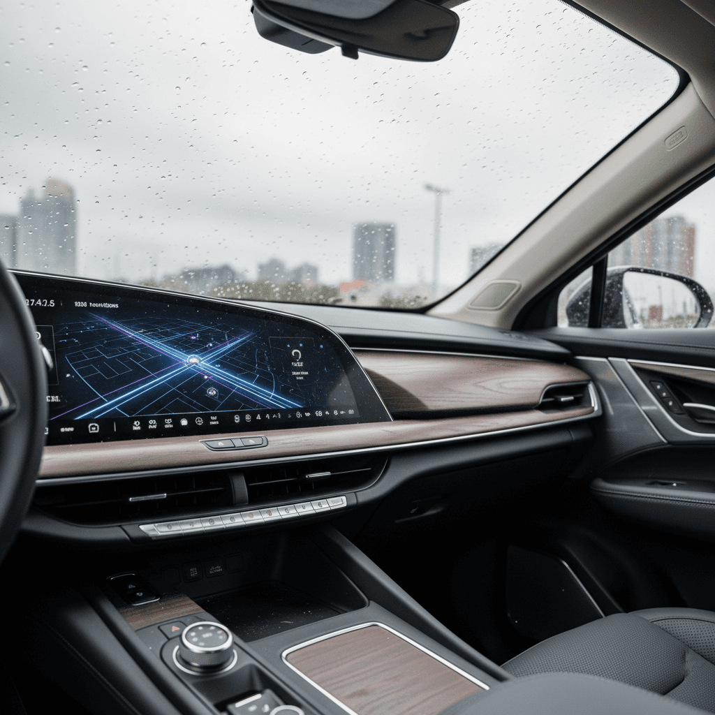 Interior of a 2026 Cadillac Lyriq with curved display, ambient lighting and panoramic glass roof