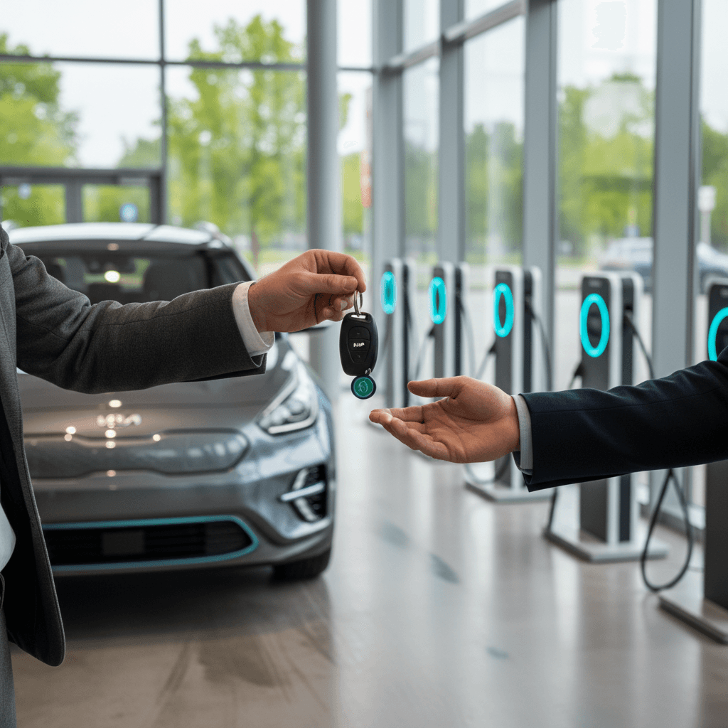 Seller and EV specialist reviewing a Kia Niro EV battery health and pricing report at a modern showroom with chargers behind glass
