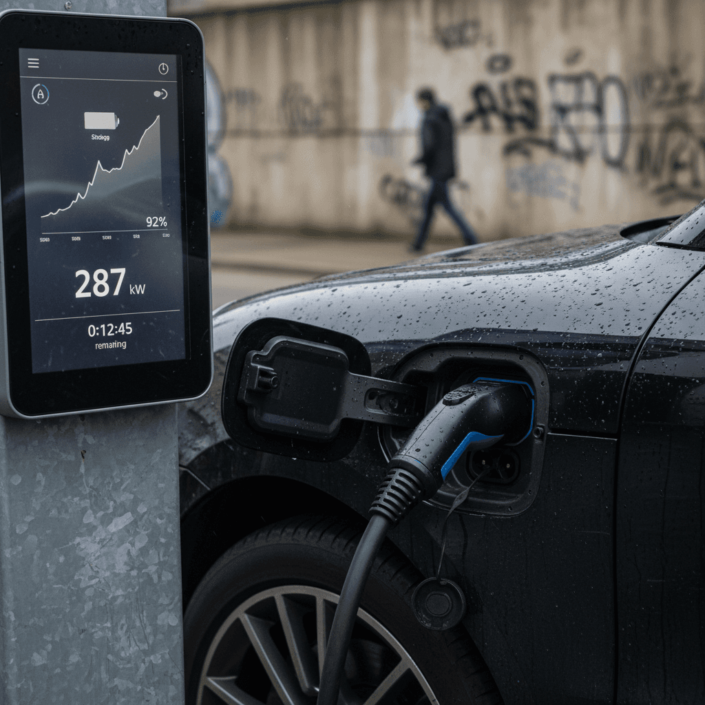Close-up of a Porsche Macan Electric plugged into a DC fast charger while the display shows charging speed in kilowatts