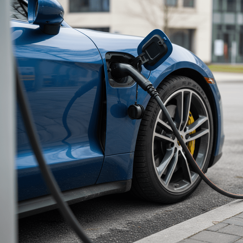 Detail of a 2022 Porsche Taycan plugged into a DC fast charger, showing charge port and wheel