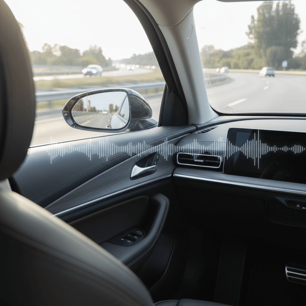 Driver and passenger in a modern electric car on the highway talking with moderate background road noise visible outside