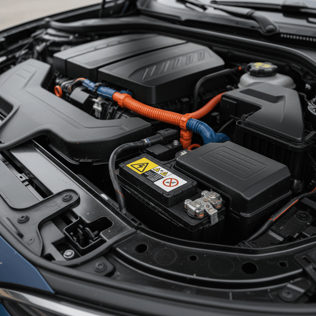 Close view of the BMW i4’s rear-mounted 12V battery showing terminals and safety labels near high-voltage components.