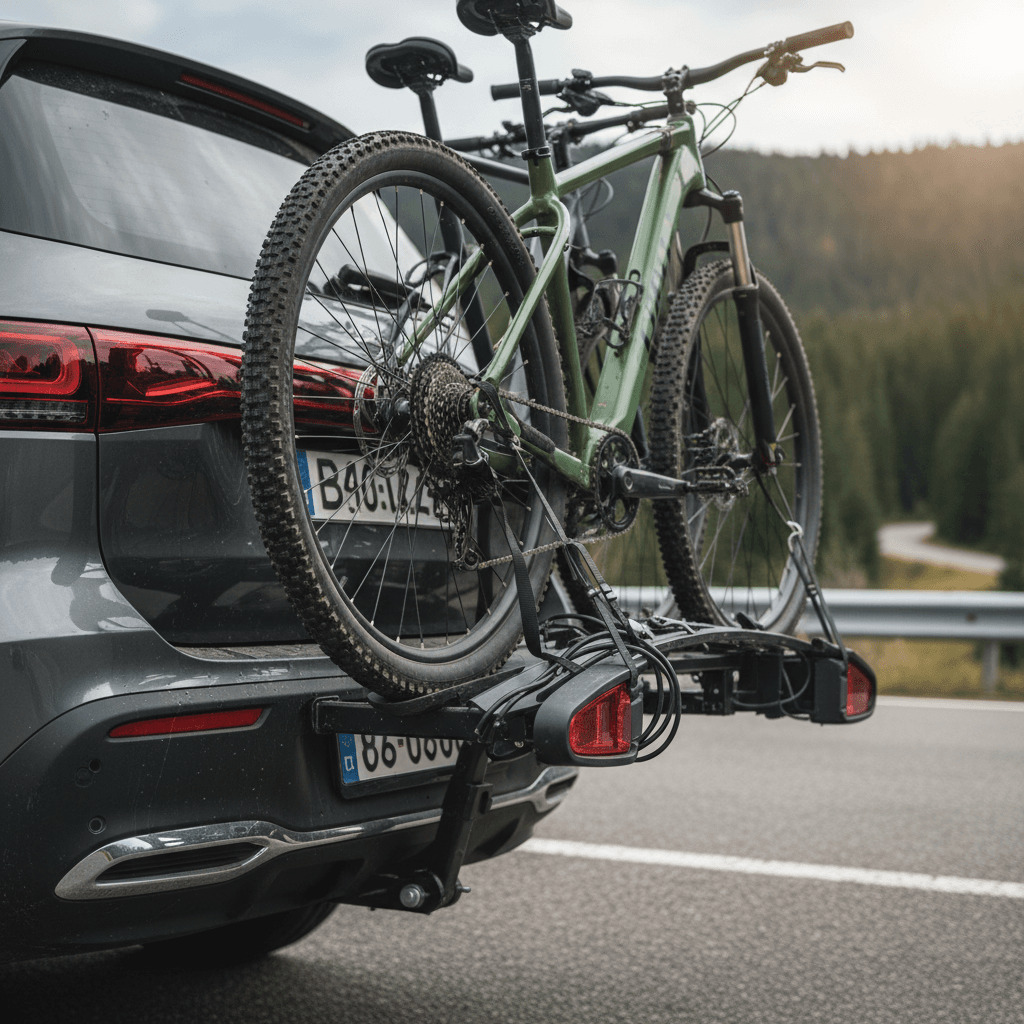 Platform-style bike rack mounted to the rear hitch of a Mercedes EQB electric SUV, carrying two e-bikes