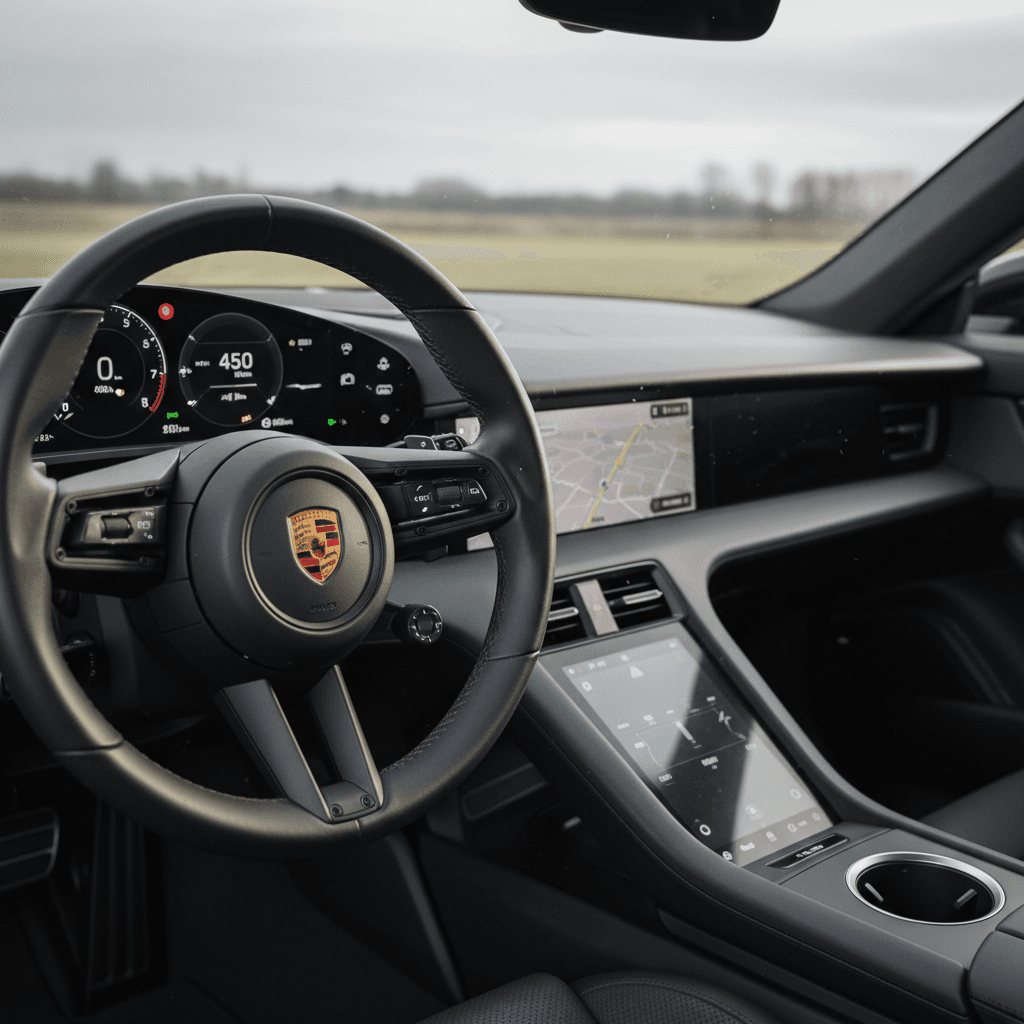 Driver-focused cockpit of a 2025 Porsche Taycan showing curved digital instruments and center touchscreen
