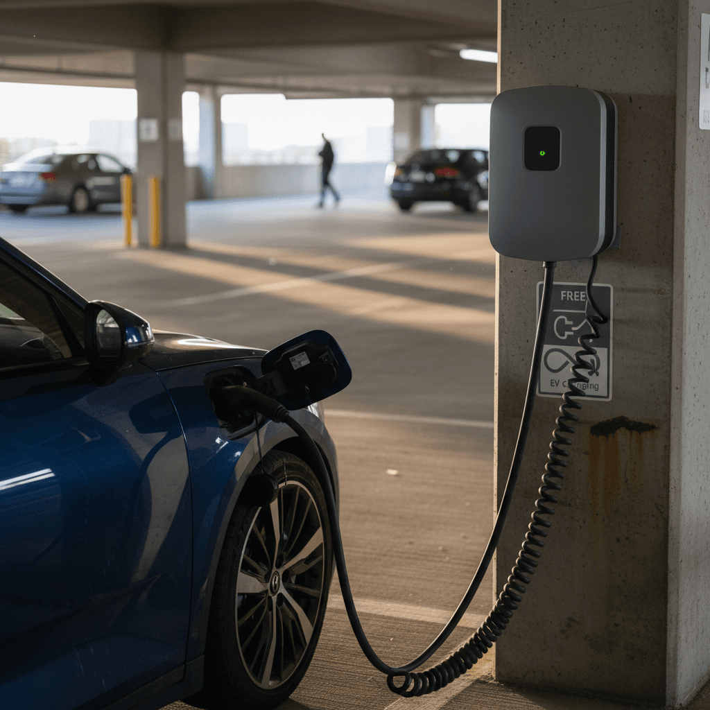 Electric car charging at a Level 2 station in a multi-level parking garage in Atlanta