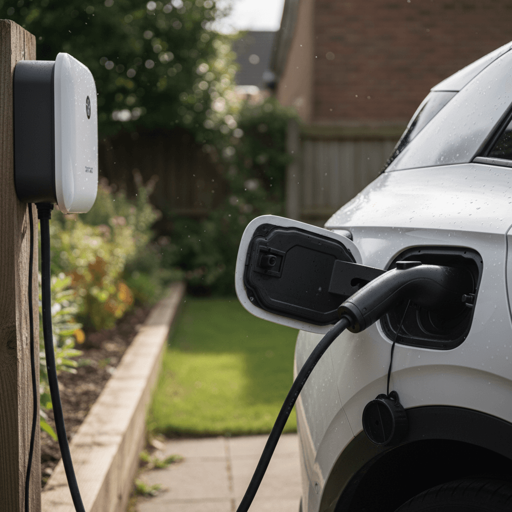Volkswagen ID.4 plugged into a Level 2 home wall charger in a modern suburban garage