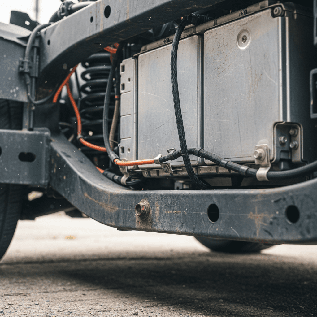 Underfloor view of an electric car battery pack showing multiple modules