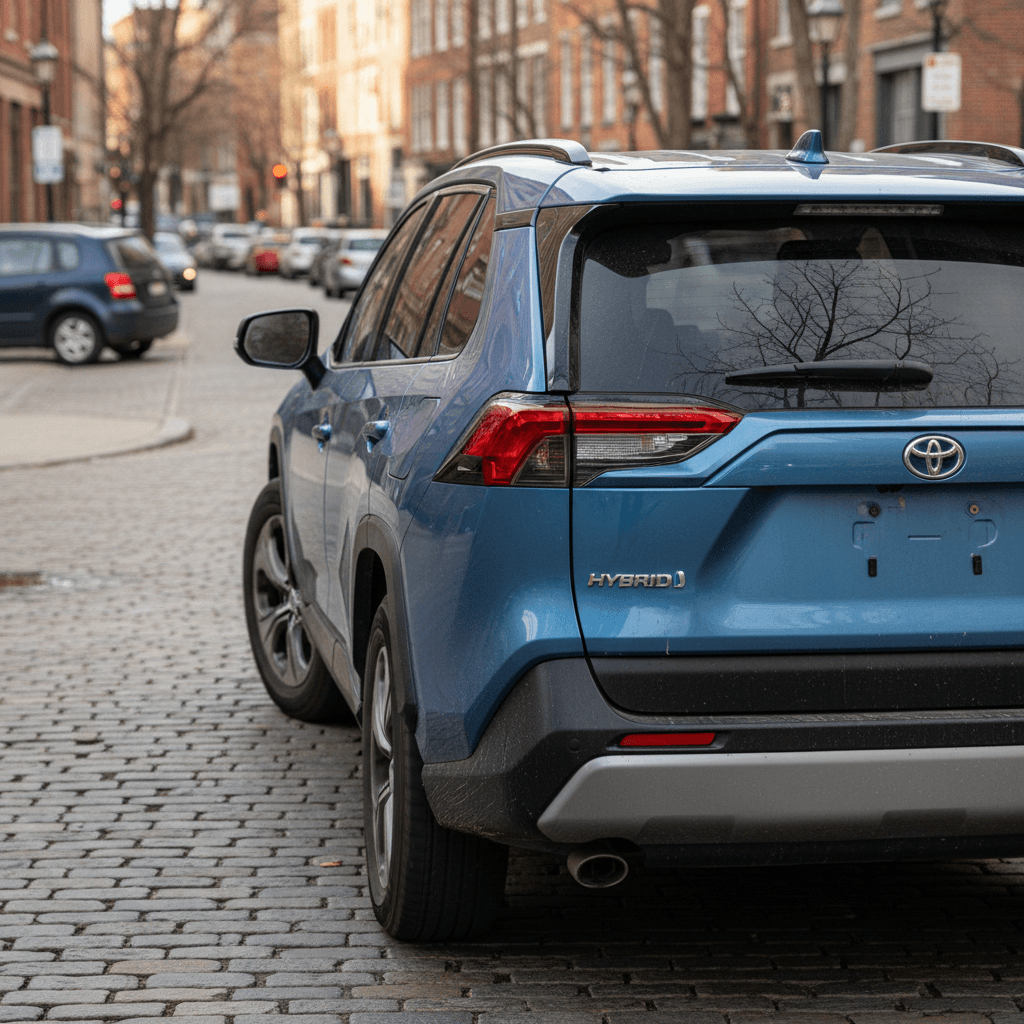 Blue Toyota RAV4 Hybrid driving in a city street with traffic