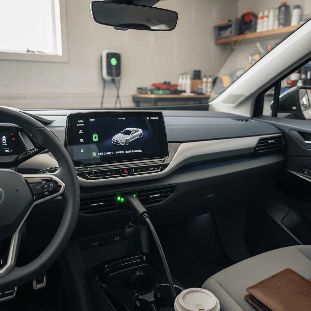 Interior view of a 2023 Volkswagen ID.4 showing the digital cockpit and large central touchscreen while charging at home
