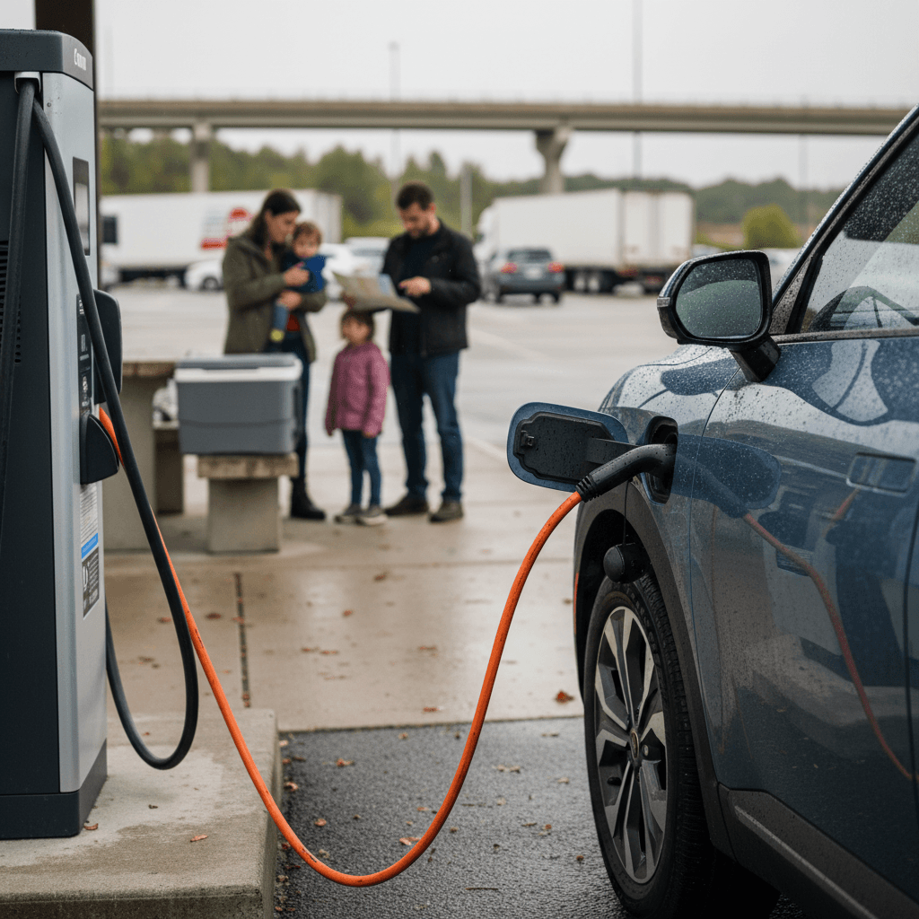 Kia EV9 charging at a highway DC fast charger with a family stretching their legs nearby