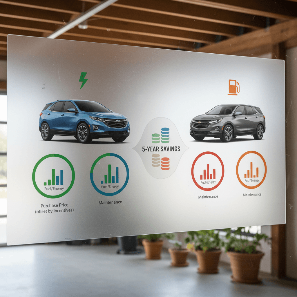 Illustrated comparison of Chevrolet Equinox EV and gas Equinox showing long-term fuel and maintenance savings over five years