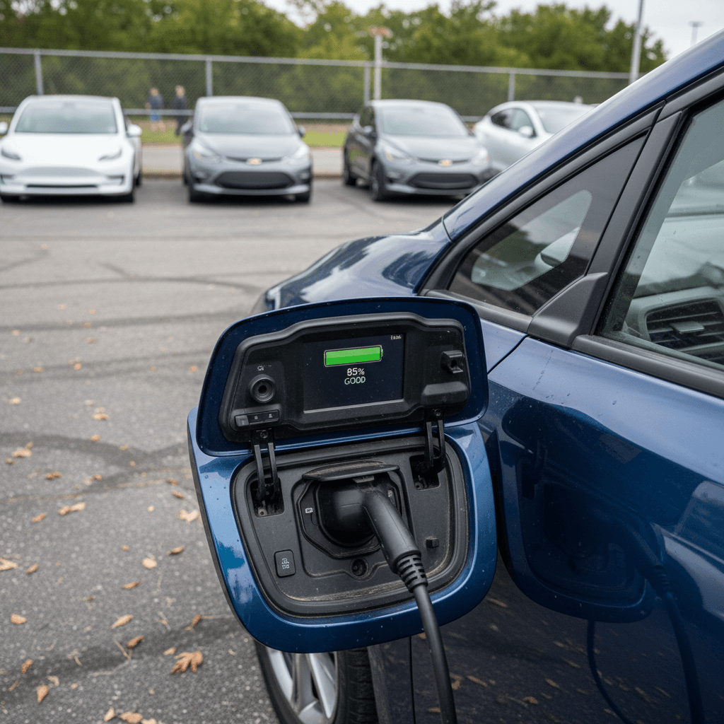 Row of used electric cars parked on a dealership lot
