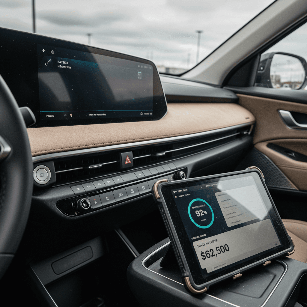 Used 2024 Kia EV9 being appraised at a dealership while a digital tablet shows battery health and a trade-in estimate