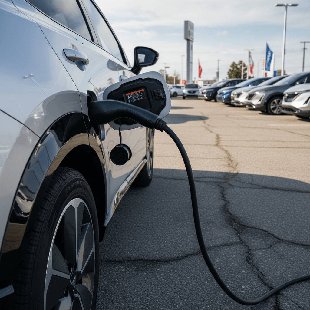 Used 2024 Nissan Ariya plugged in at a dealer lot, highlighting resale value considerations