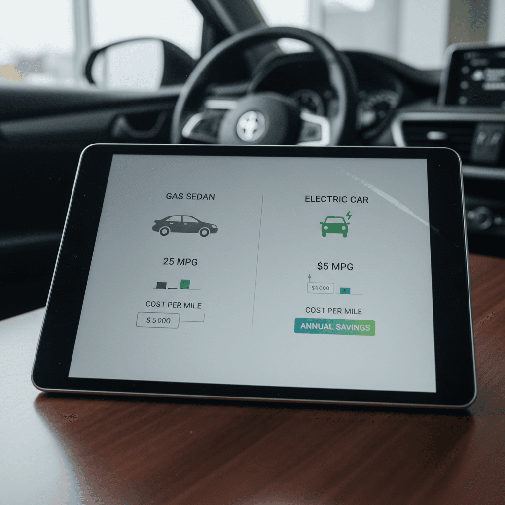 Infographic comparing fuel cost per mile between a 25 mpg gas sedan and an electric car, showing annual savings at different mileages