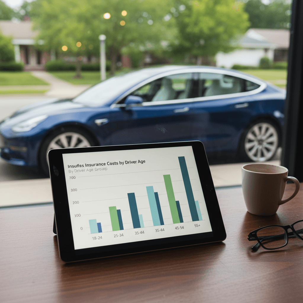 Illustrative chart showing Tesla Model 3 insurance cost peaking for teens, dropping through middle age, then rising slightly for older drivers