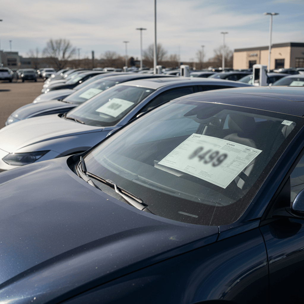 Row of used Hyundai Ioniq 6 electric sedans at a dealership lot, each with visible price stickers in the windshield