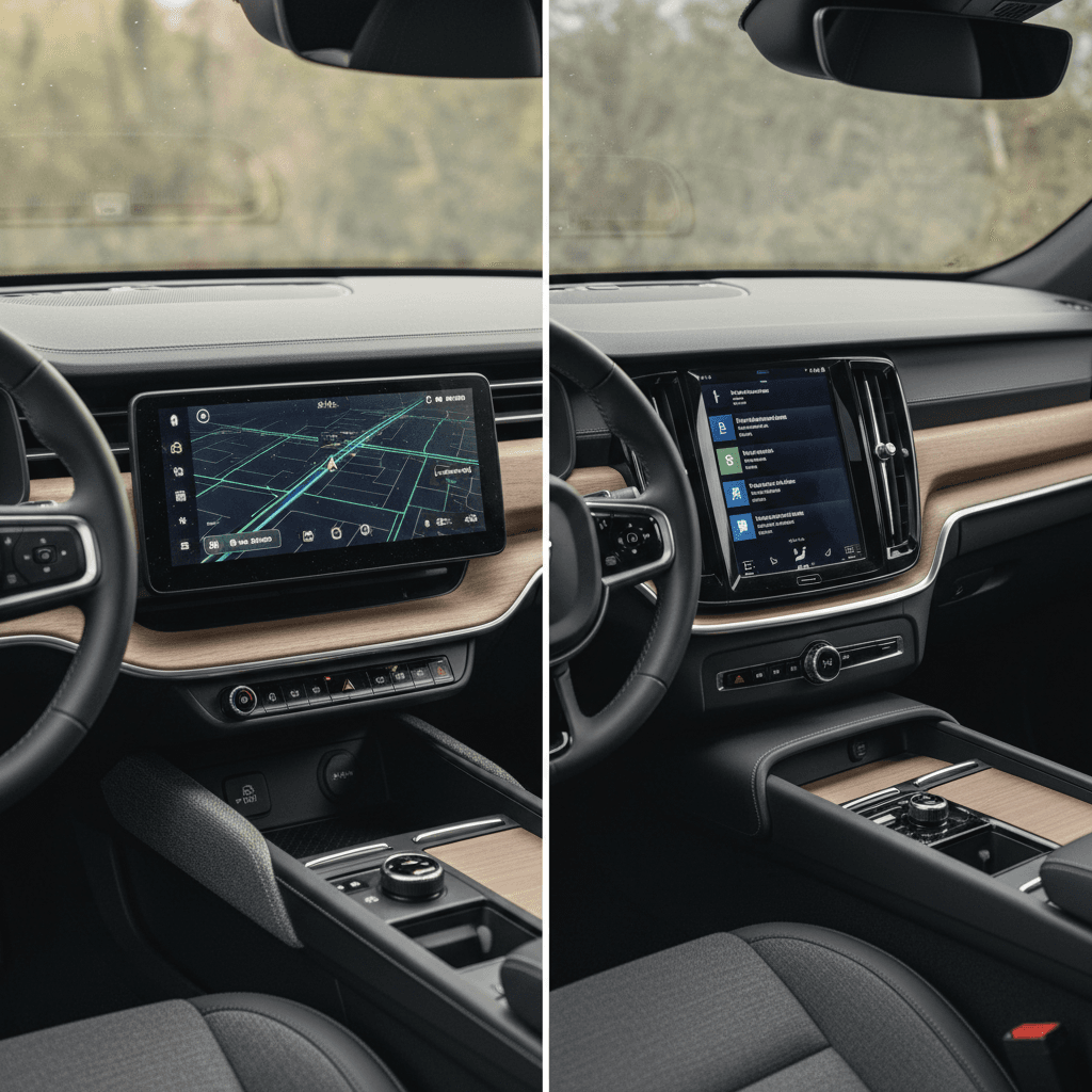 Side-by-side view of Rivian R1S and Volvo EX90 interiors showing three rows of seating and cargo areas
