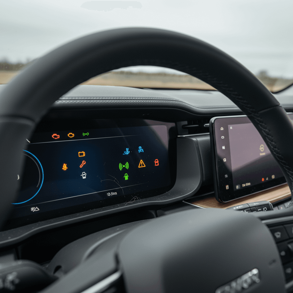 Close-up of a Rivian R1S gauge cluster with multiple amber warning lights illuminated, suggesting active alerts or recalls.