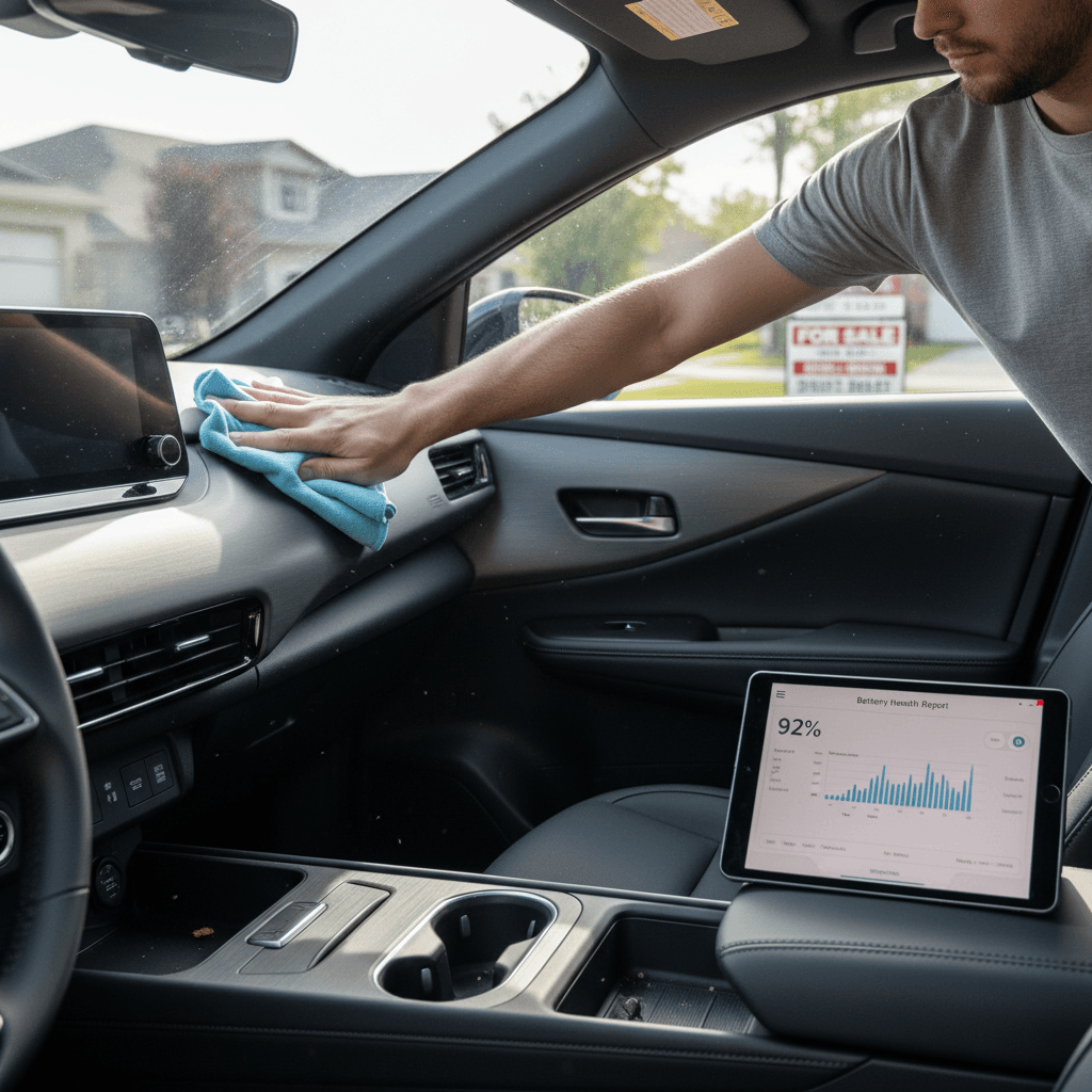 Owner reviewing a Nissan Ariya battery health report on a tablet before listing the car for sale