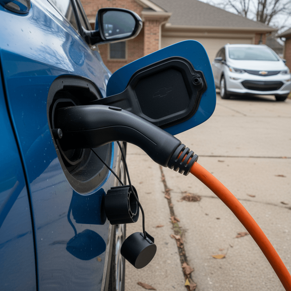 Chevrolet Bolt EV plugged into a home charger in a driveway, illustrating how charging setup can affect resale value