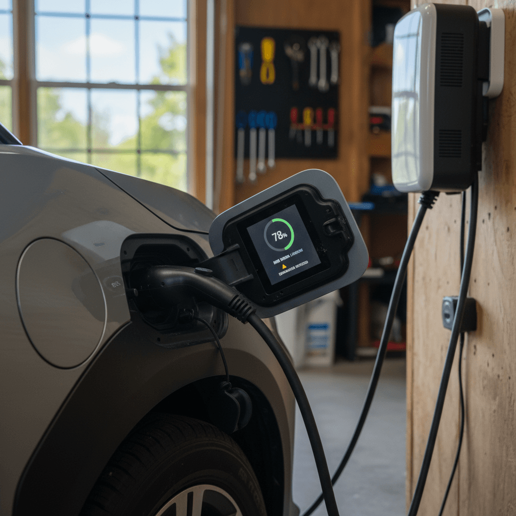 Subaru Solterra plugged into a Level 2 home charger showing battery state of charge on dashboard