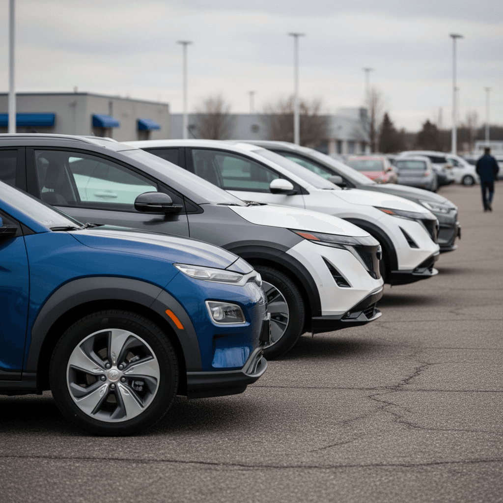Row of affordable electric SUVs from multiple brands parked side by side in a dealership lot