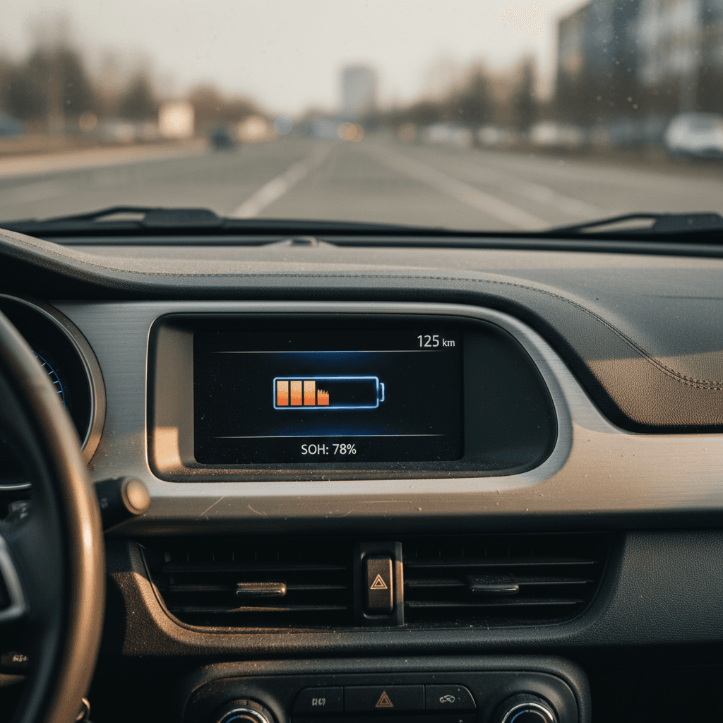 Instrument cluster showing electric car battery health and remaining range