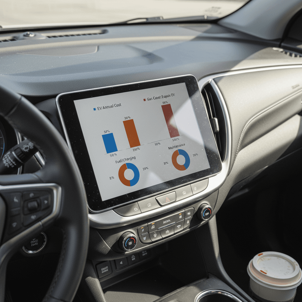 Infographic-style chart comparing annual fuel and maintenance costs between a Chevrolet Equinox EV and a gas Chevrolet Equinox