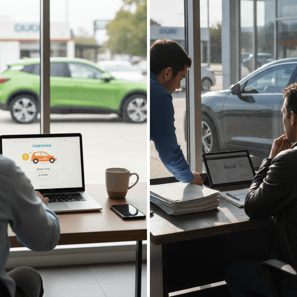 Side-by-side comparison of an EV owner completing an online sale to Carvana and talking with a dealer about selling their electric car in person