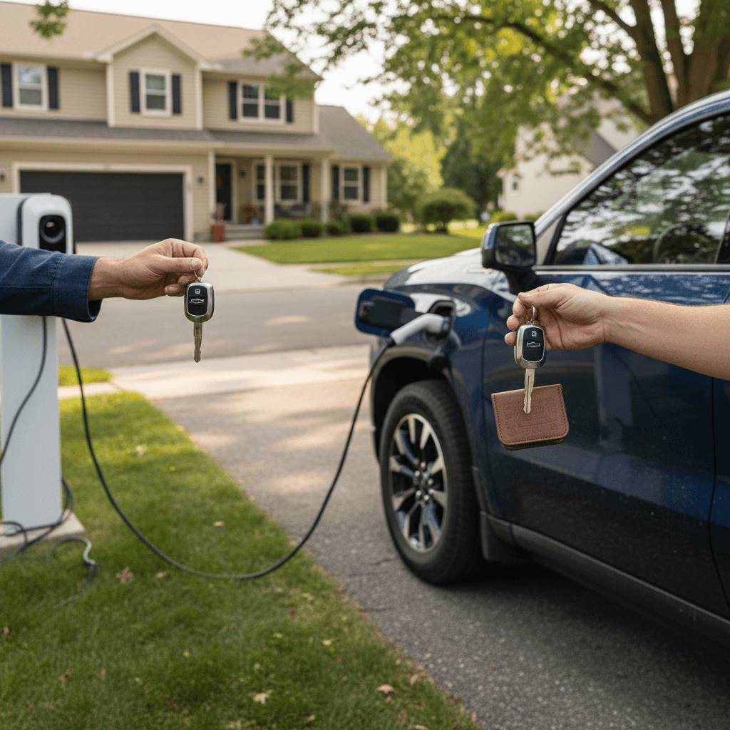 Owner handing keys of a Chevrolet Silverado EV to a buyer in a suburban driveway