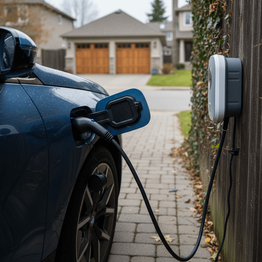 2022 BMW iX plugged into a home Level 2 charger in a suburban driveway