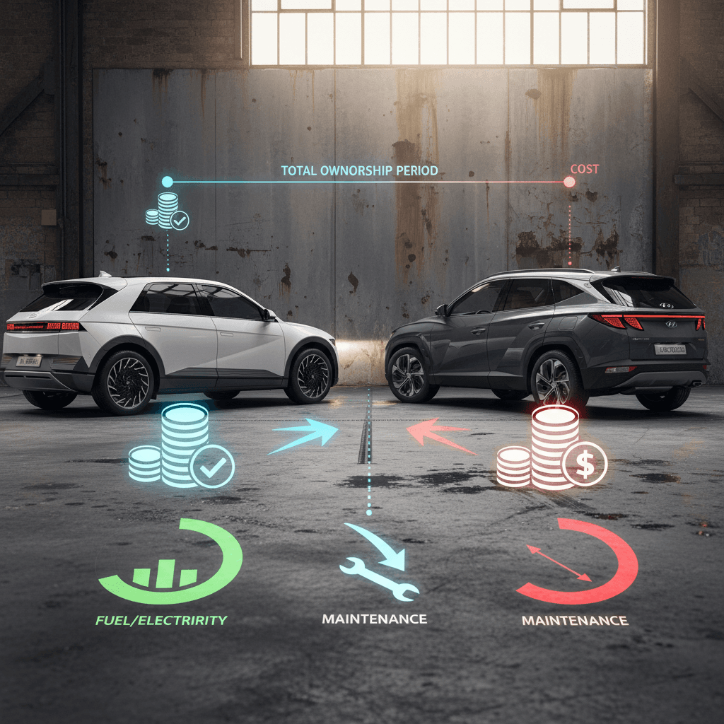 Side-by-side graphic comparing electric Hyundai Ioniq 5 to gas Hyundai Tucson with icons for fuel, maintenance, and resale value